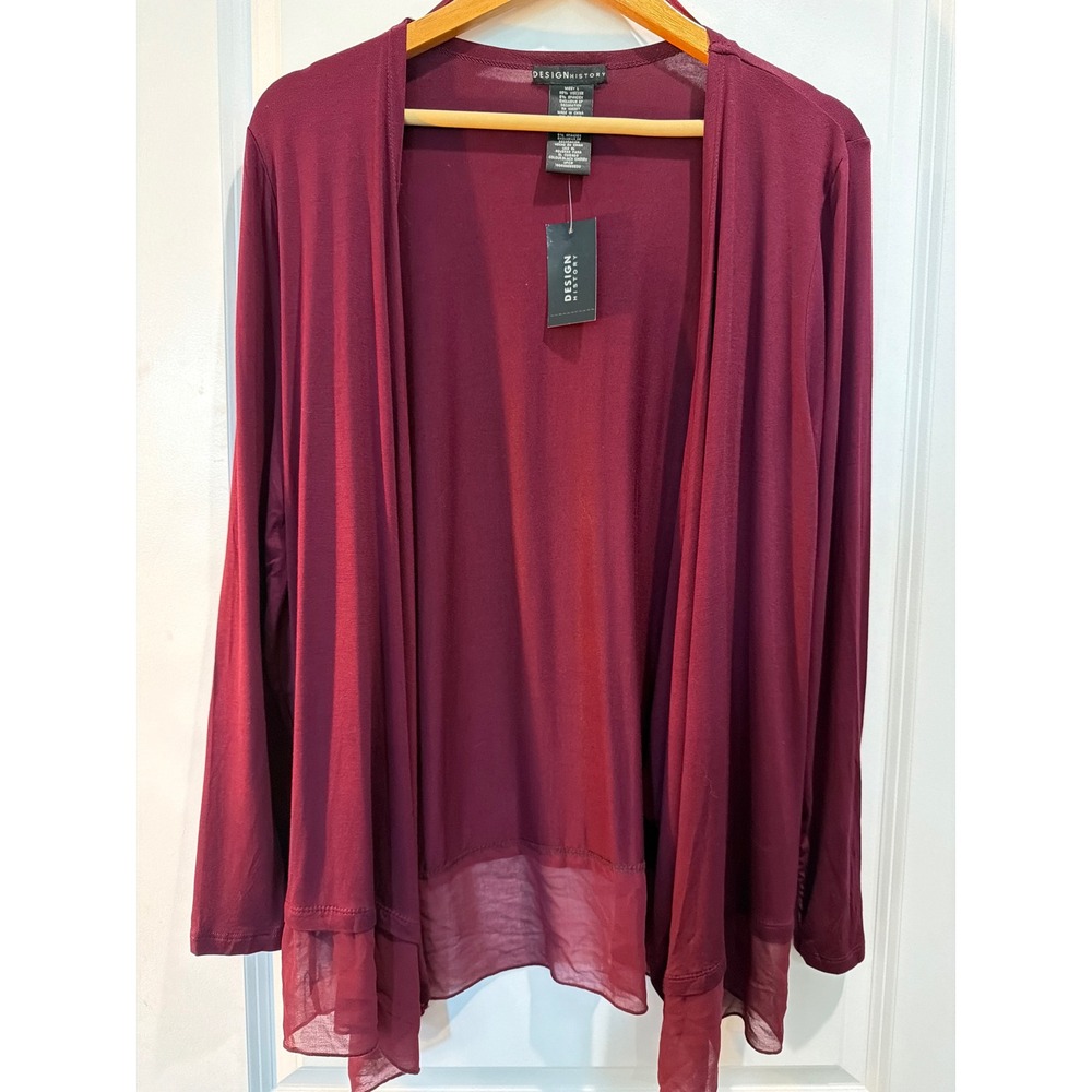 Design History Womens Cardigan Black Cherry Open Front Sheer Hem Sz L New
